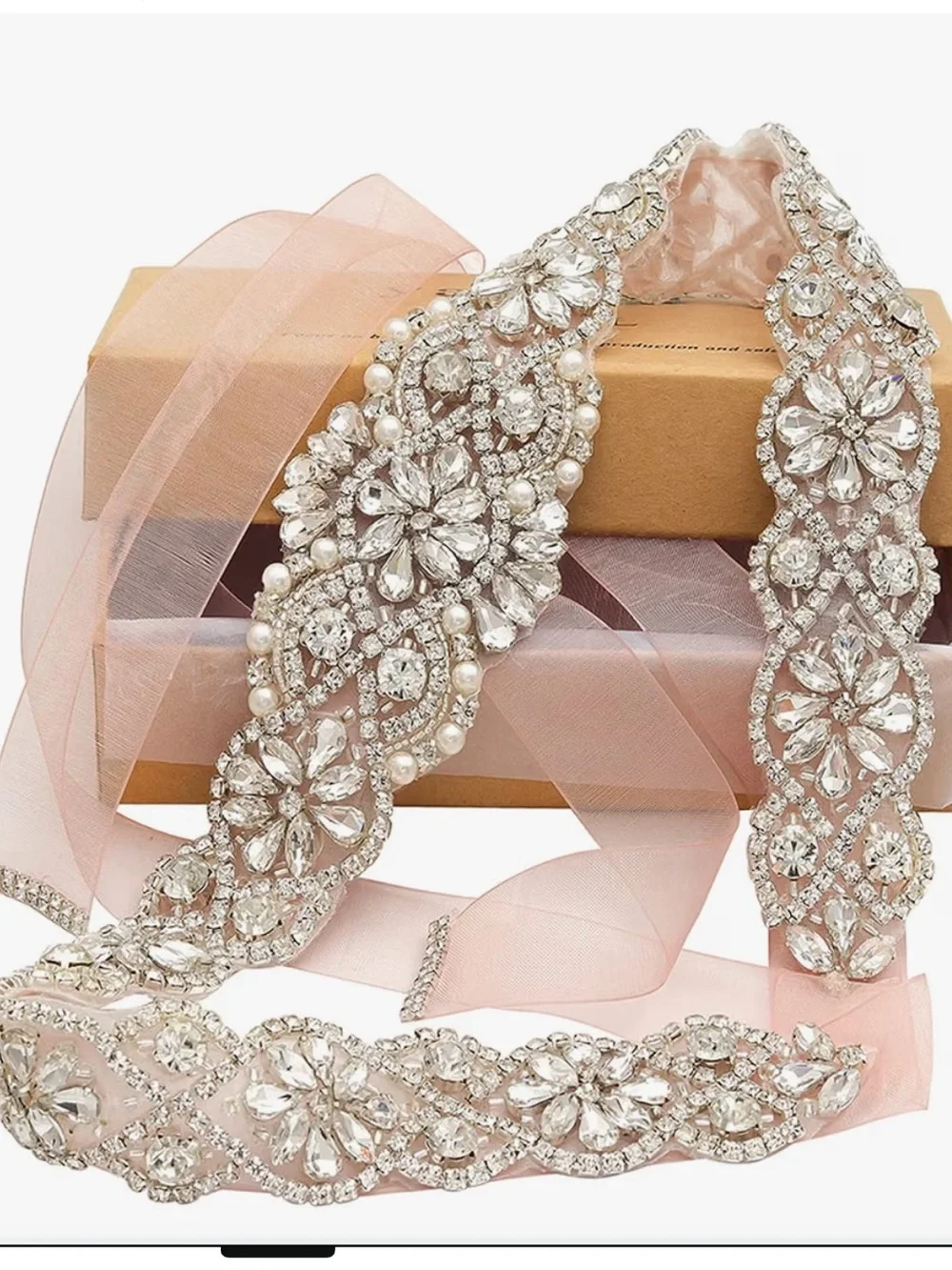 Blush Pink Bridal Sash with Rhinestones and pearls